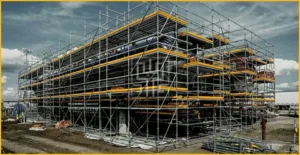 Industrial building fully surrounded by multi-level scaffolding during construction.